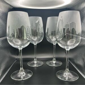 BORMIOLI Rocco Skyline Etched Wine Glasses 9 1/4” Set Of 4 Vintage